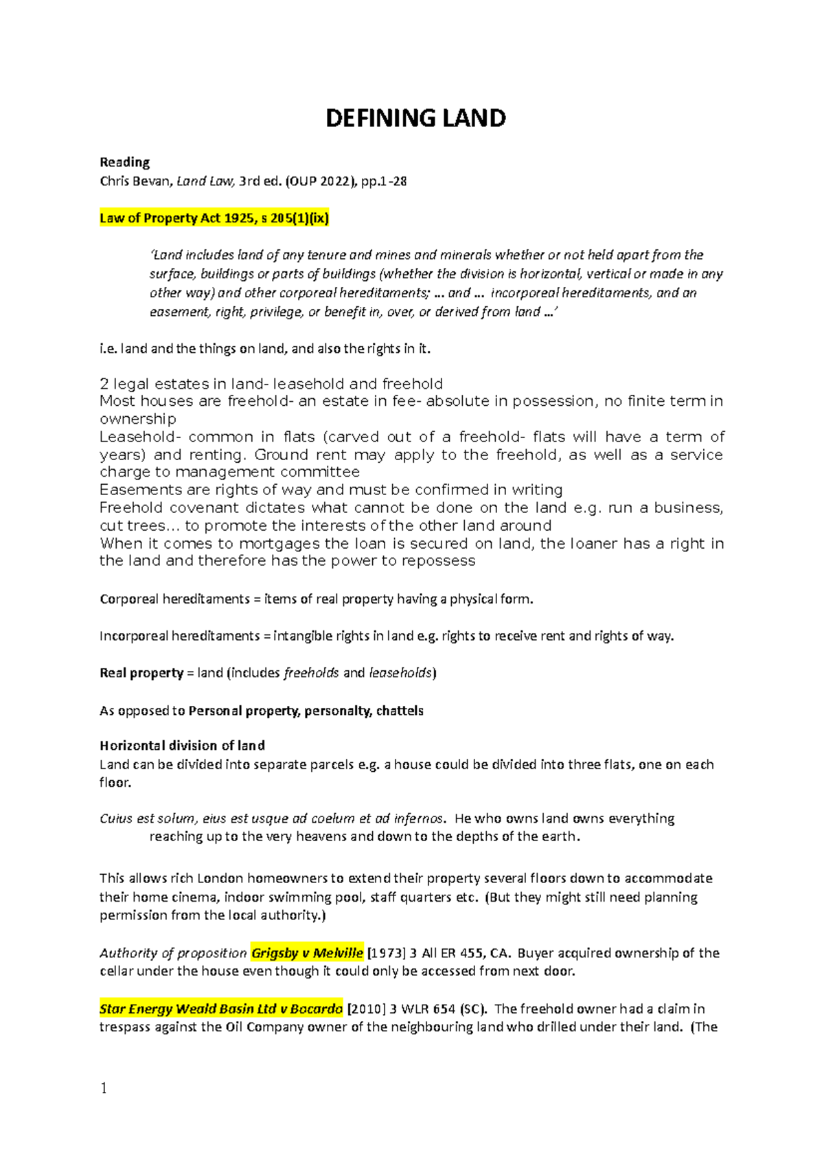 Lecture 2 Land Law DEFINING LAND Reading Chris Bevan, Land Law, 3rd