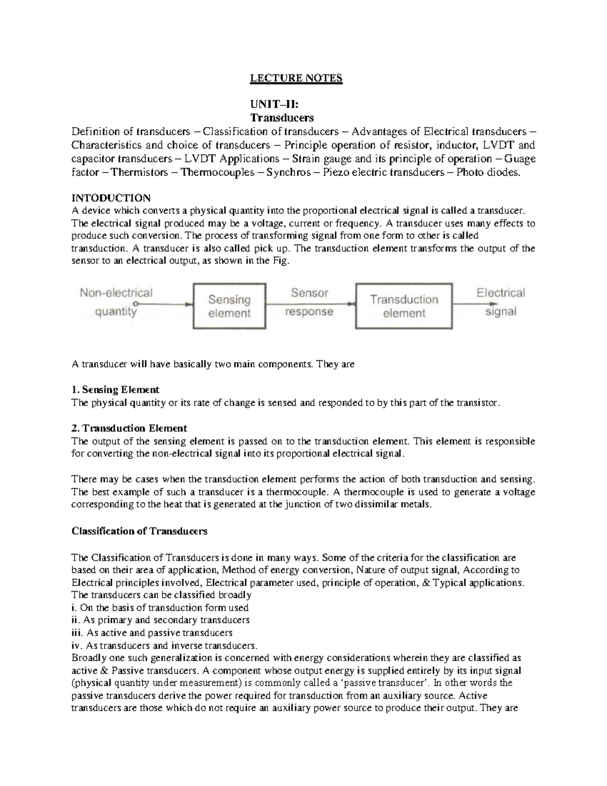 ME 6 IM 4 Transducers LECTURE NOTES UNITII Transducers Definition