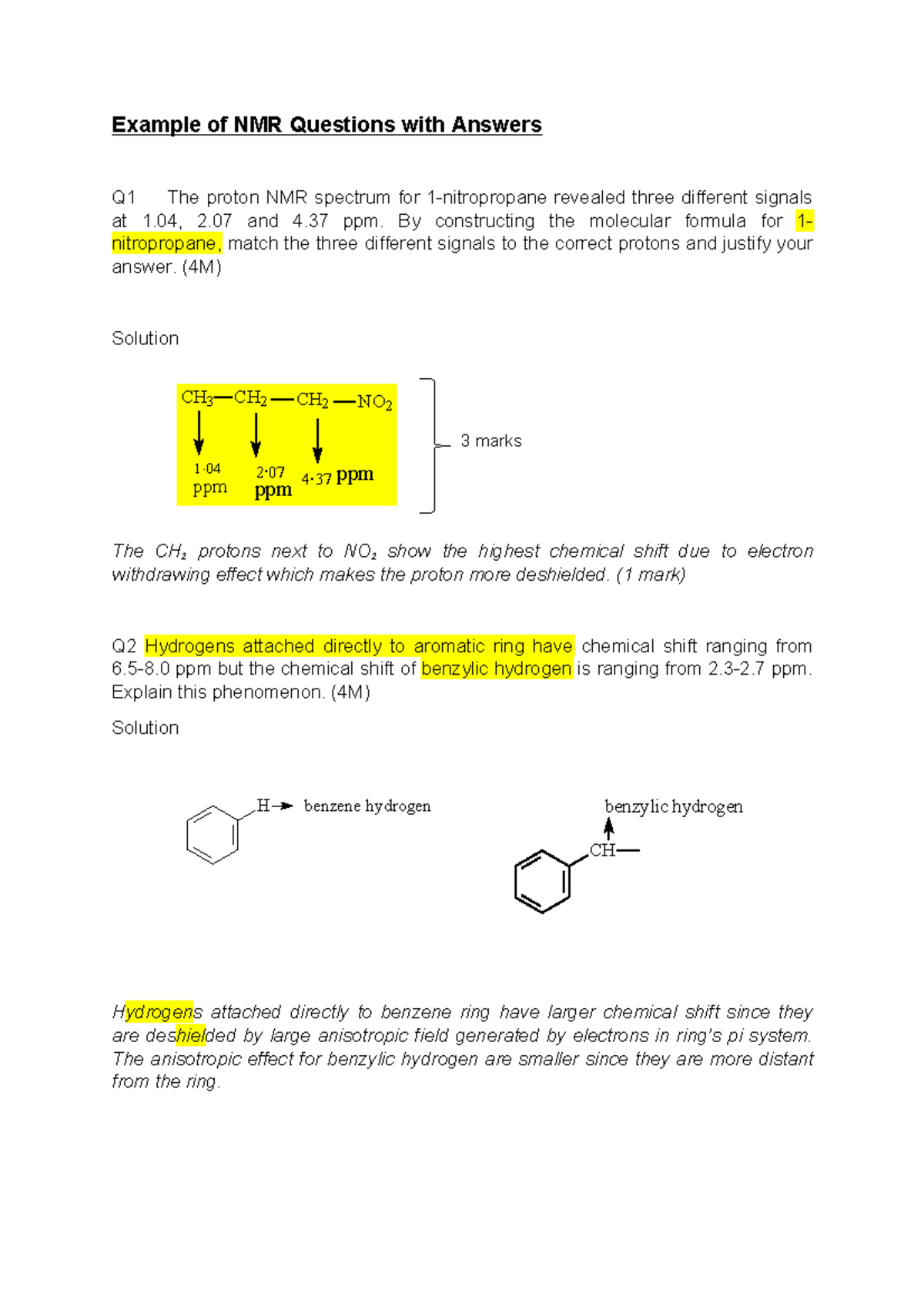 Example questions organic Example of NMR Questions with Answers Q1
