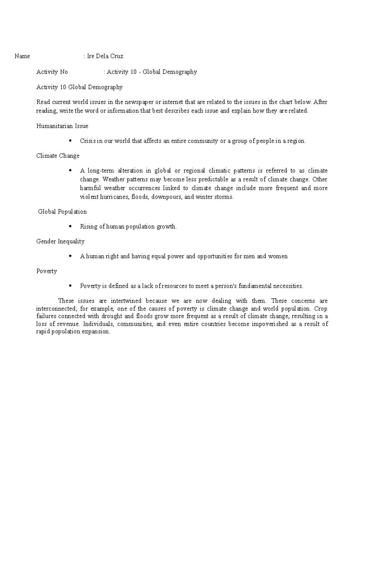 Global Demography Name Ire Dela Cruz Activity No Activity 10