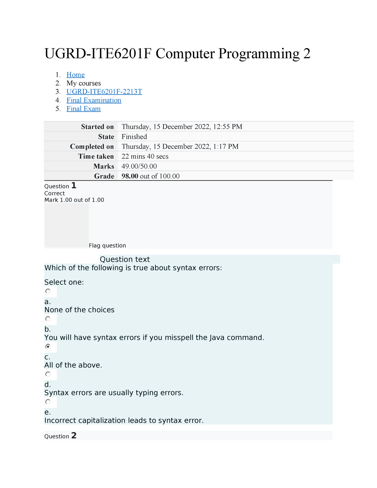 Programming 2 Prelim To Final Exam 3 - UGRD-ITE6201F Computer ...