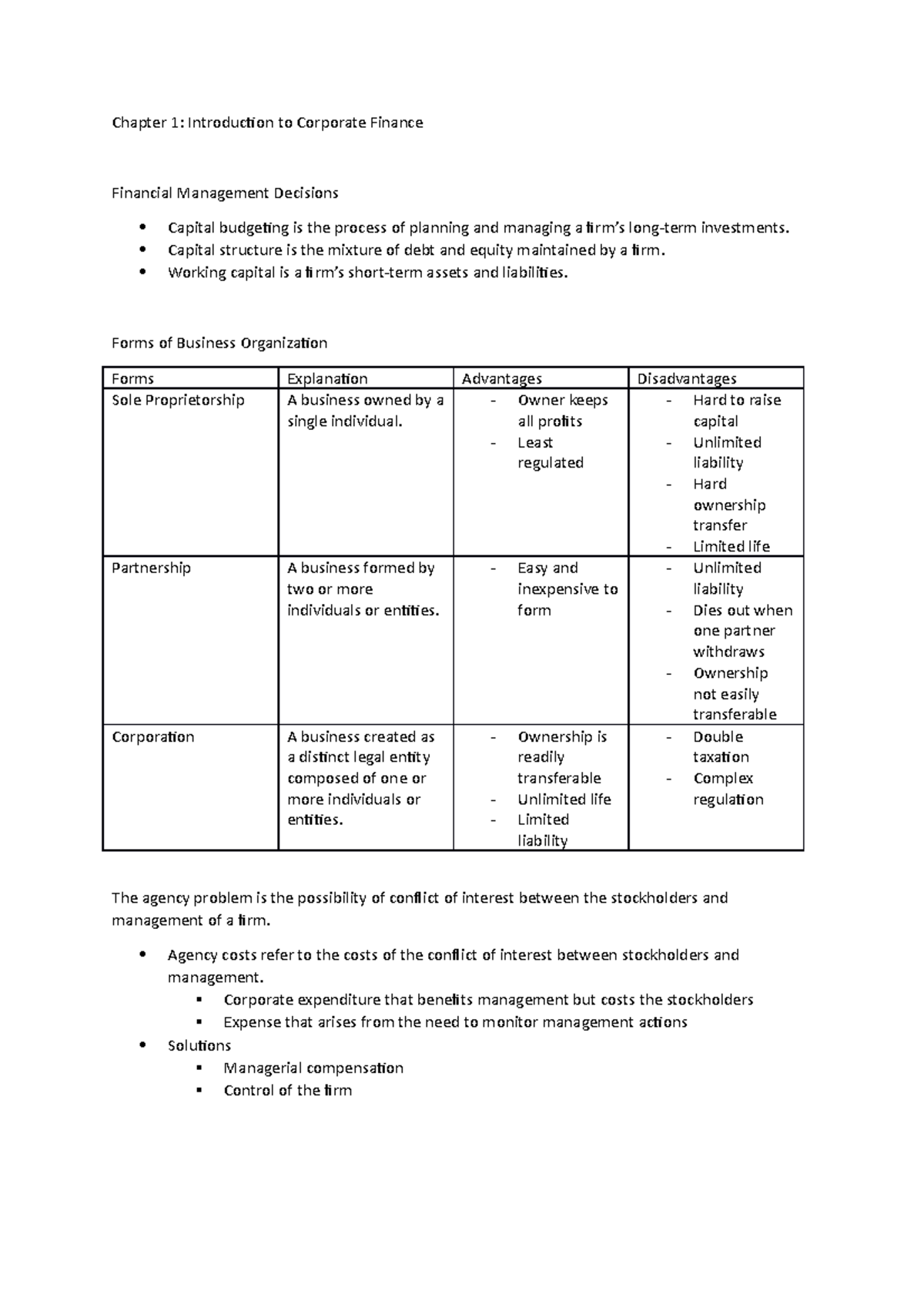Notes correct - Summary Finance - Chapter 1: Introduction to Corporate ...