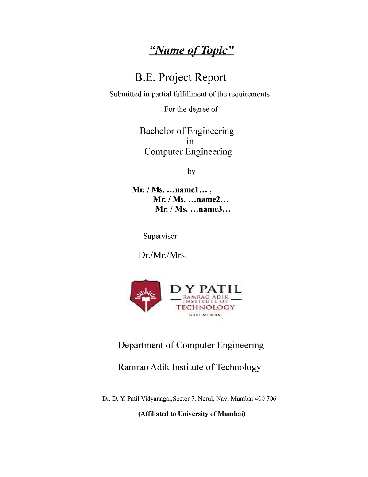 Project Report A- 19-20 - “Name Of Topic” B. Project Report Submitted ...