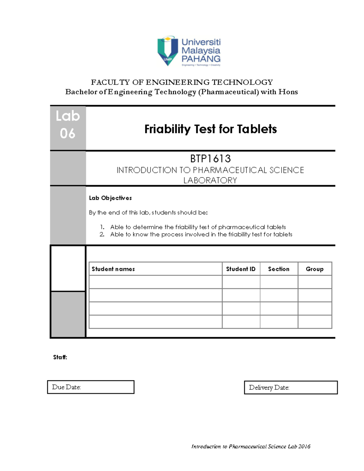 Lab 6-Friability Test for Tablets - Introduction to Pharmaceutical ...