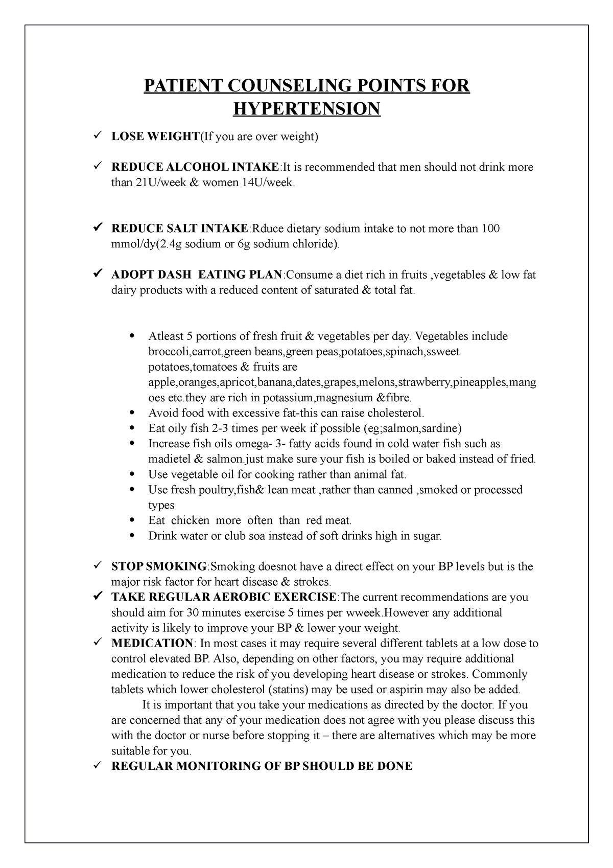 Patientcounselling points for hypertension - Pharmacy - KUHS - Studocu