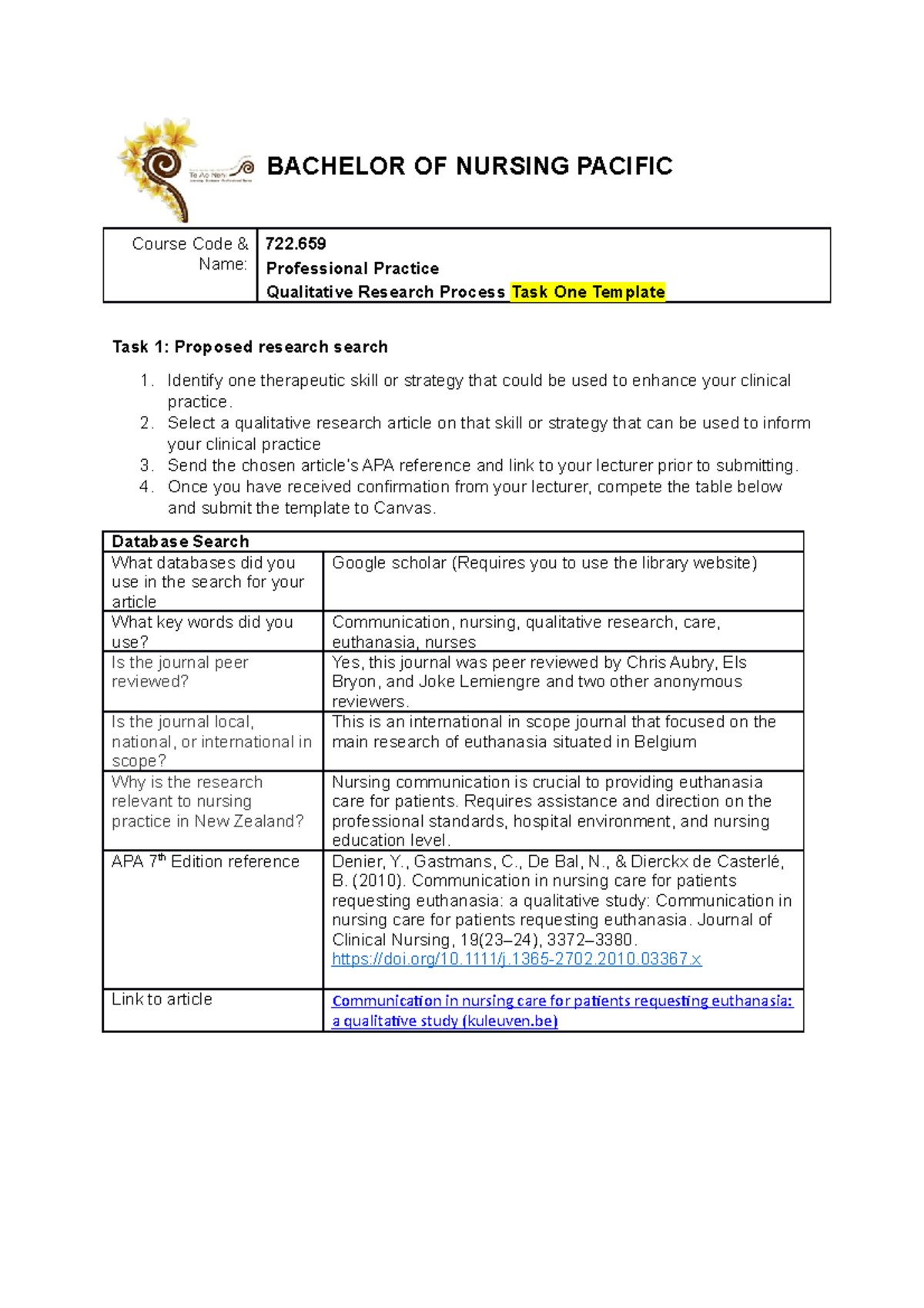 Research Assessment Task 1 Template - BACHELOR OF NURSING PACIFIC ...