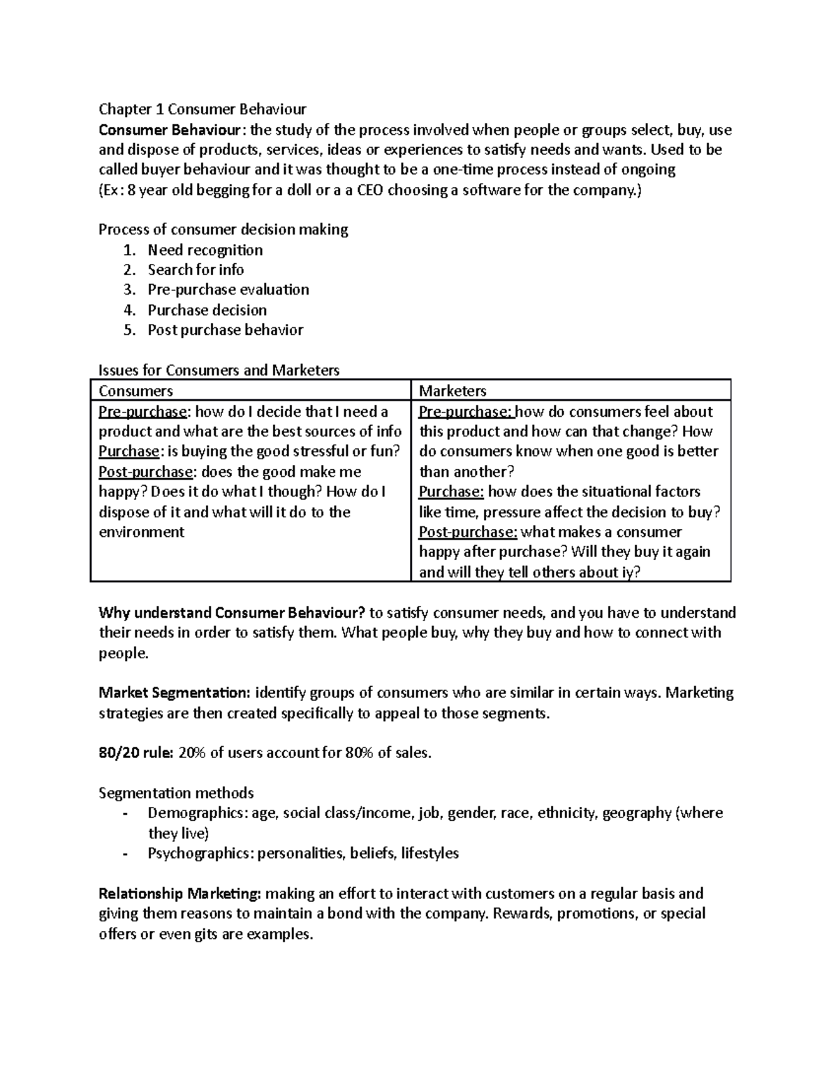 Mark 305 notes 1 - Chapter 1 Consumer Behaviour Consumer Behaviour ...