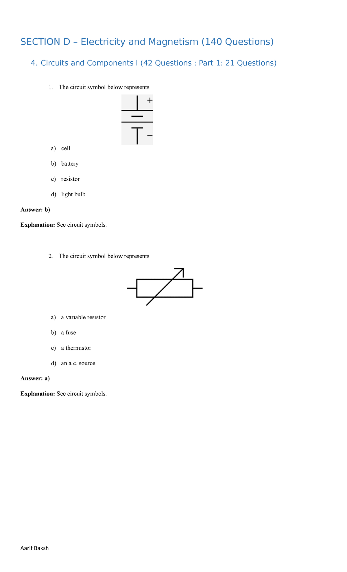 Physics D4 Part 1 - Practice Questions And Answers On Electricity And ...