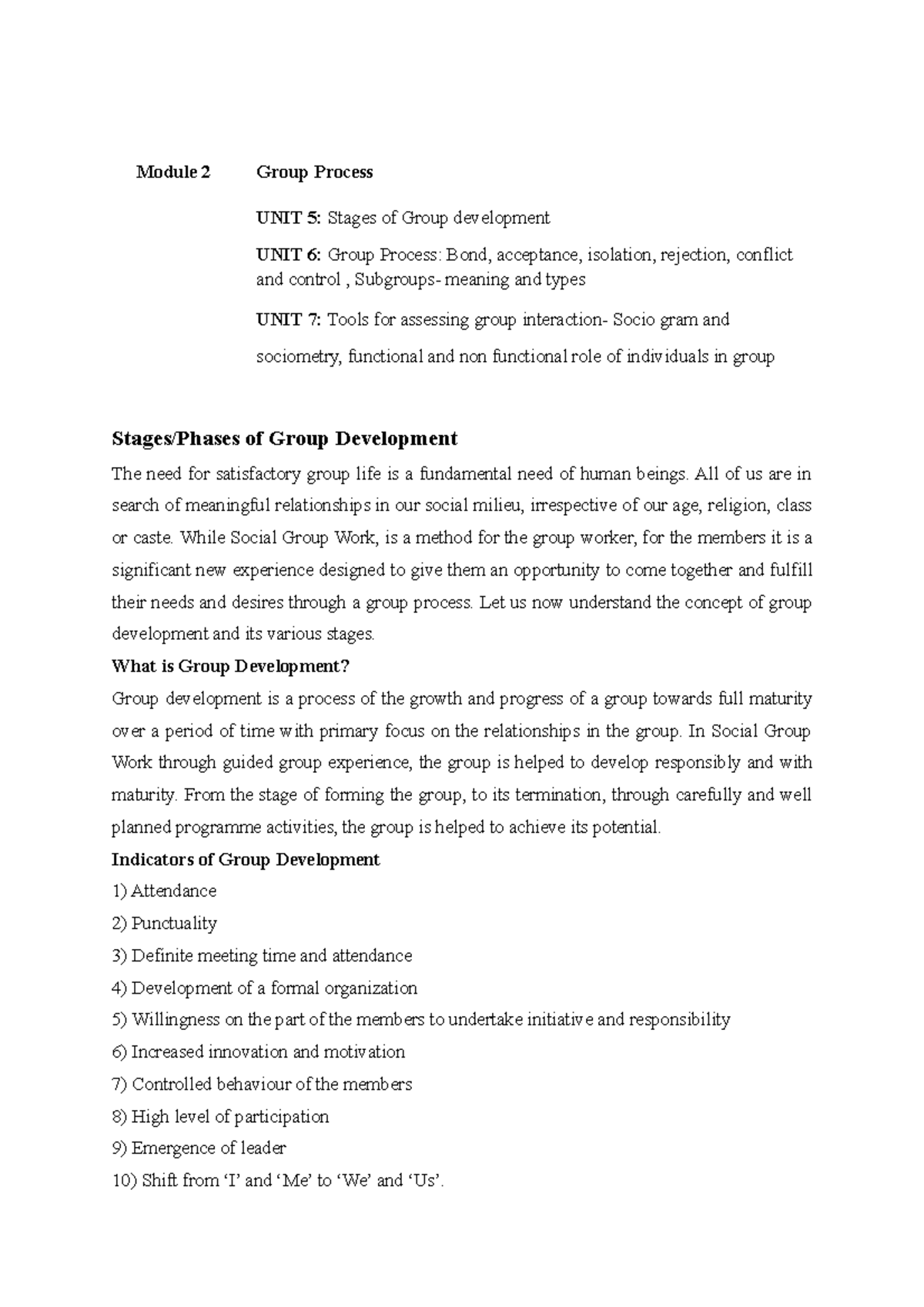 Group developent Module 2 Group Process UNIT 5 Stages of Group