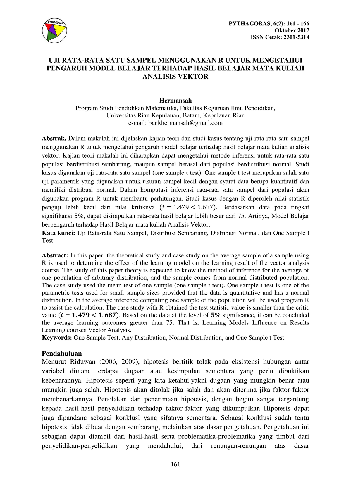 Makalah Uji Satu Sampel Berdistribusi Normal - PYTHAGORAS, 6(2): 161