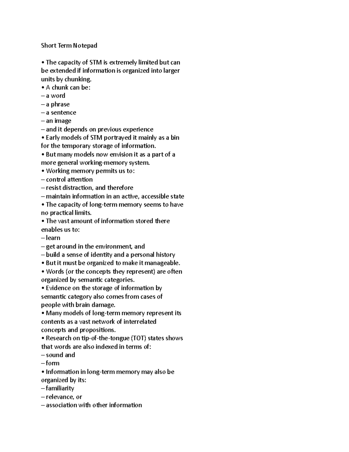 Short Term Notepad - Pease. - Short Term Notepad The capacity of STM is ...
