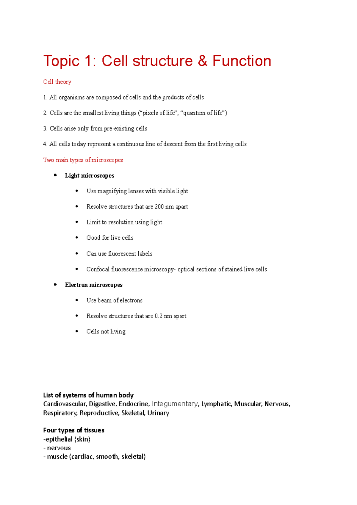 Notes FHS - Topic 1: Cell structure & Function Cell theory All ...