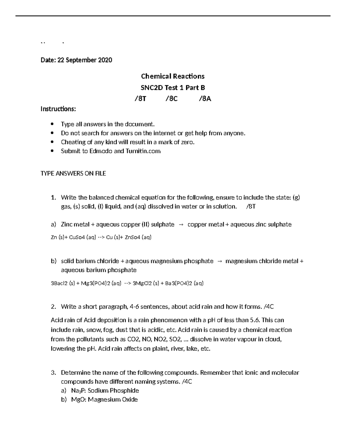 Test 1 Part B Chemistry - Name: Amy Date: 22 September 2020 Chemical ...