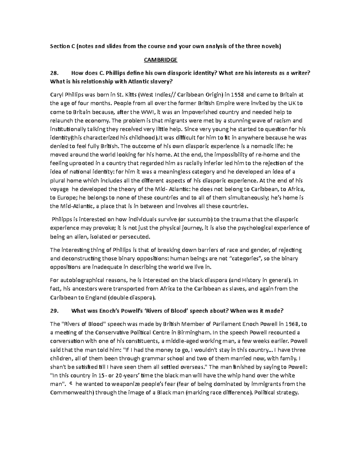 Section C, domande fisse, esame anglophone Section C (notes and