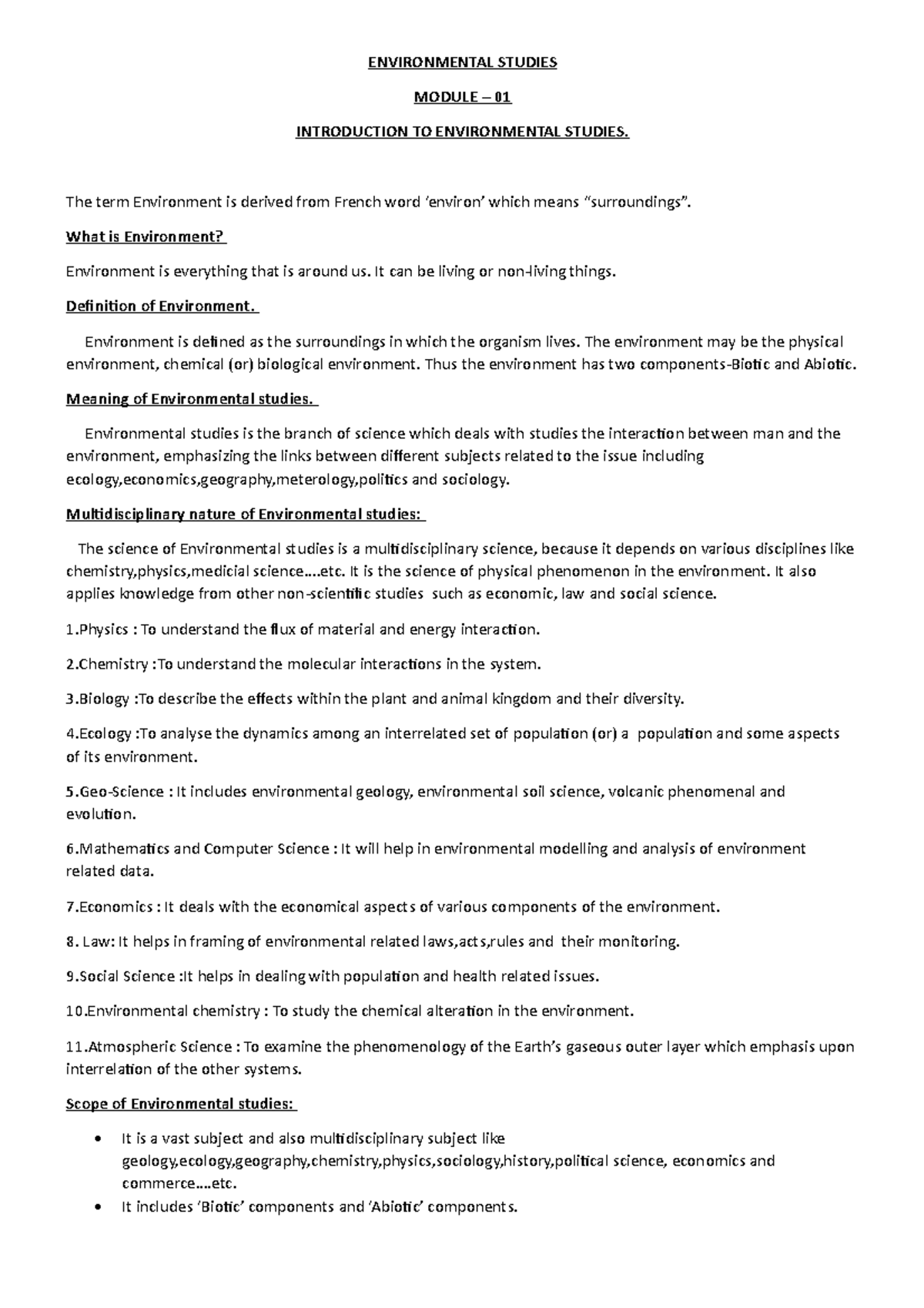 1 introduction - Notes - ENVIRONMENTAL STUDIES MODULE – 01 INTRODUCTION ...