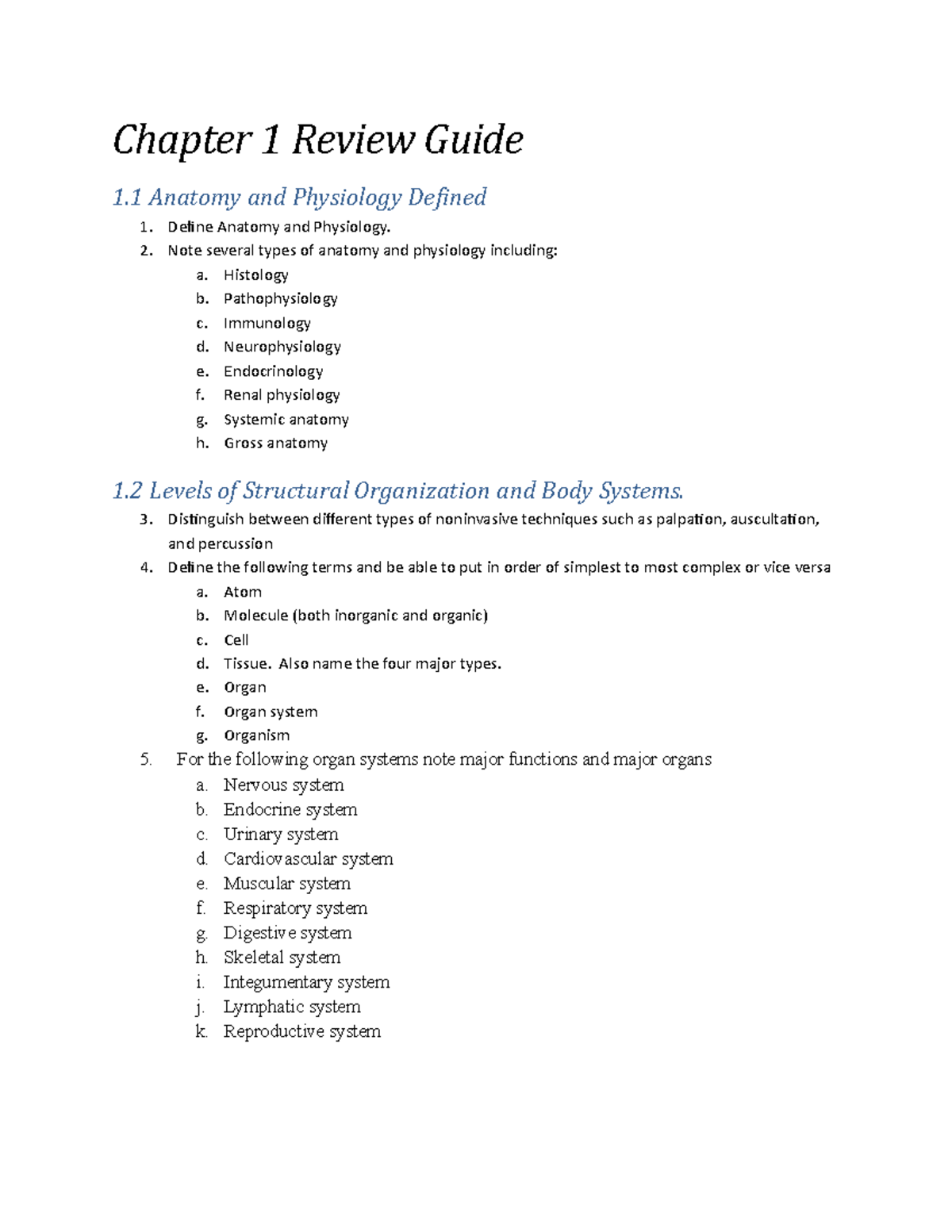 Chapter 1 Review Guide Bio 168 - Chapter 1 Review Guide 1 Anatomy and ...