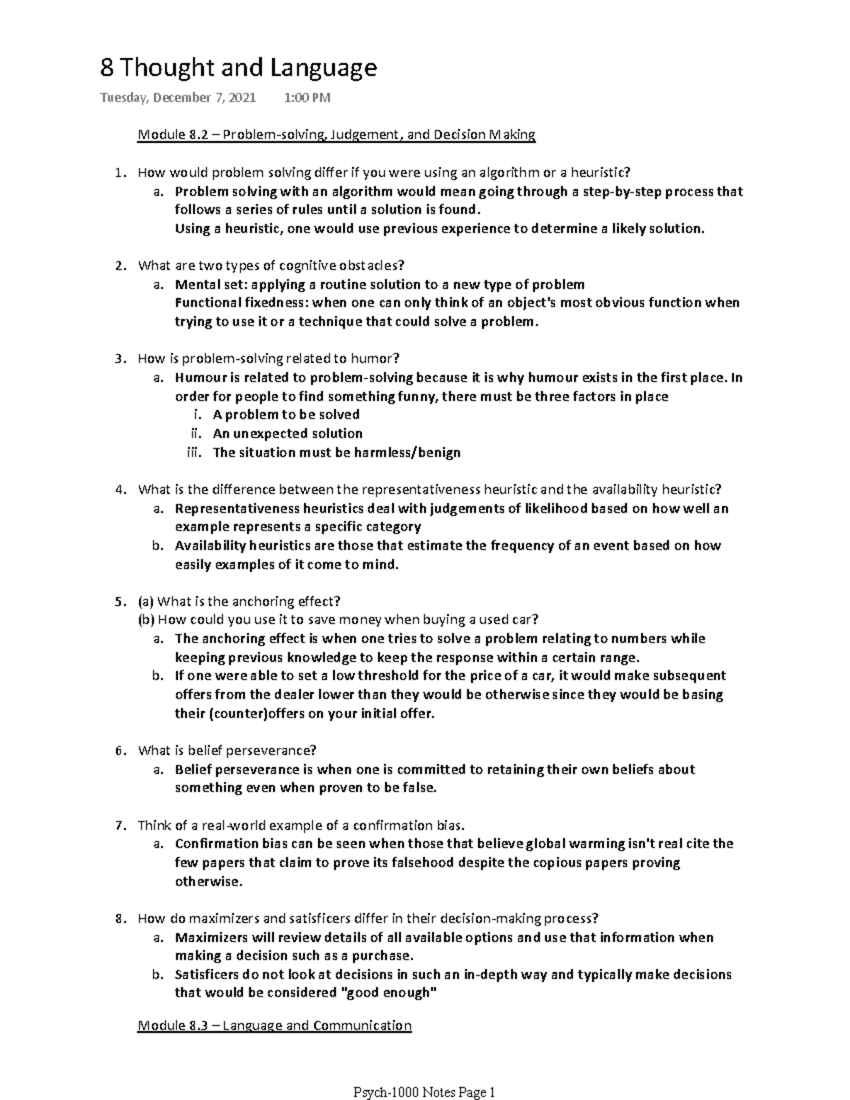Thought and Language (Chapter 8) - PSYC-1000 - U of W - Studocu