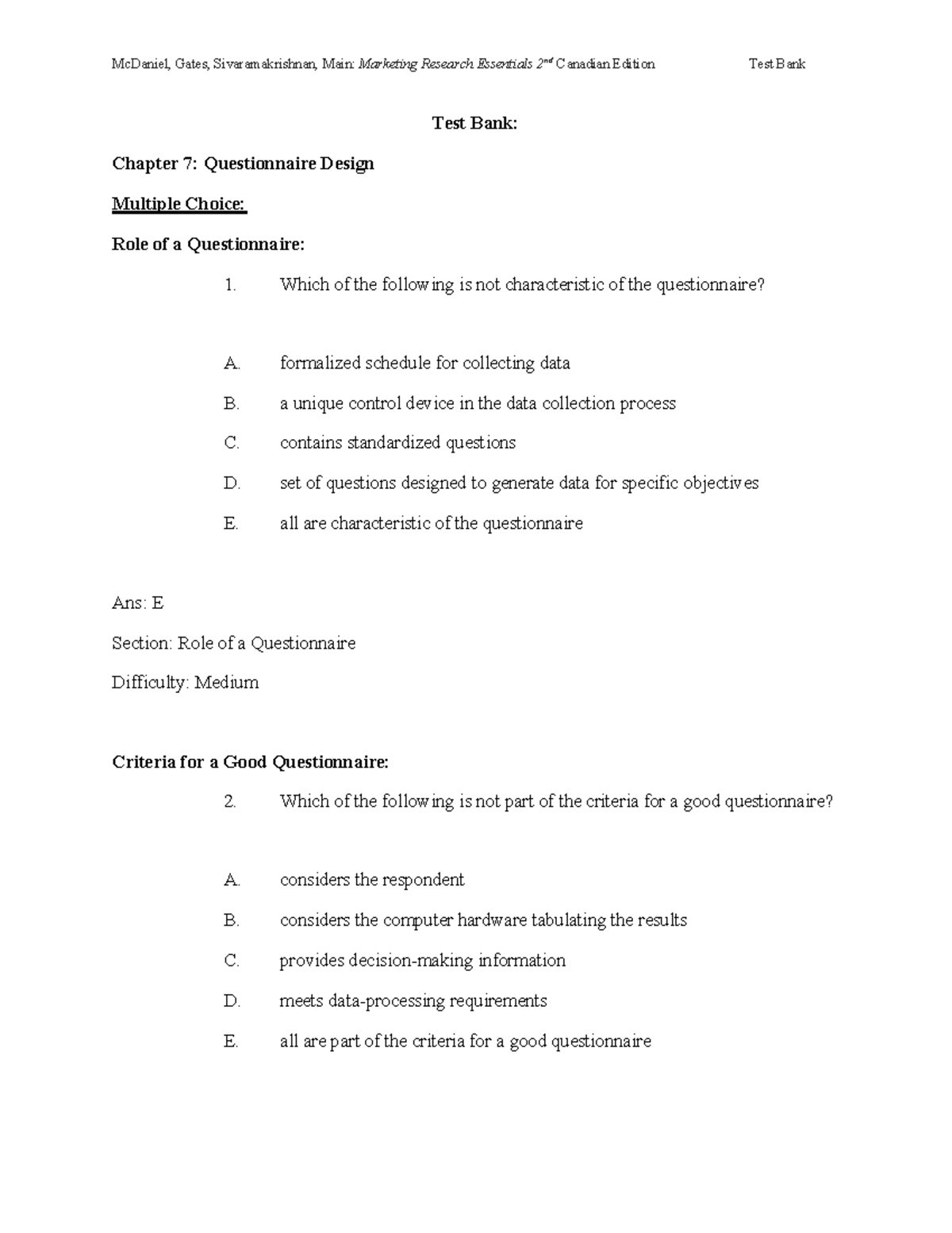 Marketing Research Essentials Test Bank: Chapter 7 Questionnaire Design ...