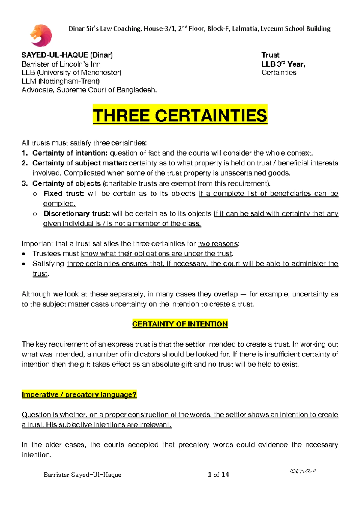 Equity tutorial notes - LW3305 LAW OF EQUITY: TRUSTS TUTORIAL NO 2 ...