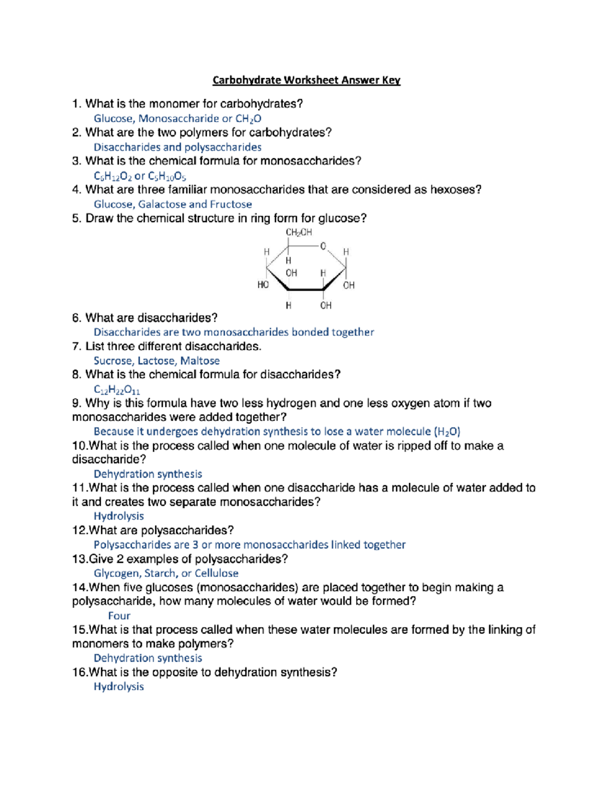 Carbohydrate Worksheet Answer Key - Studocu