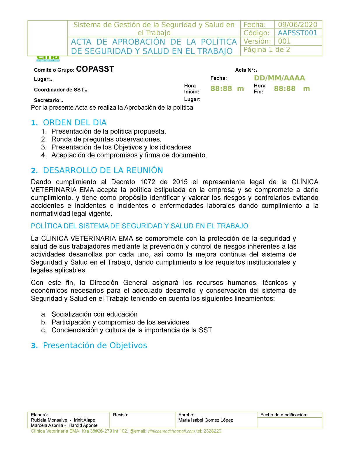 Aapsst Acta De Aprobacion De Politicas Sst Sistema De Gestión De La