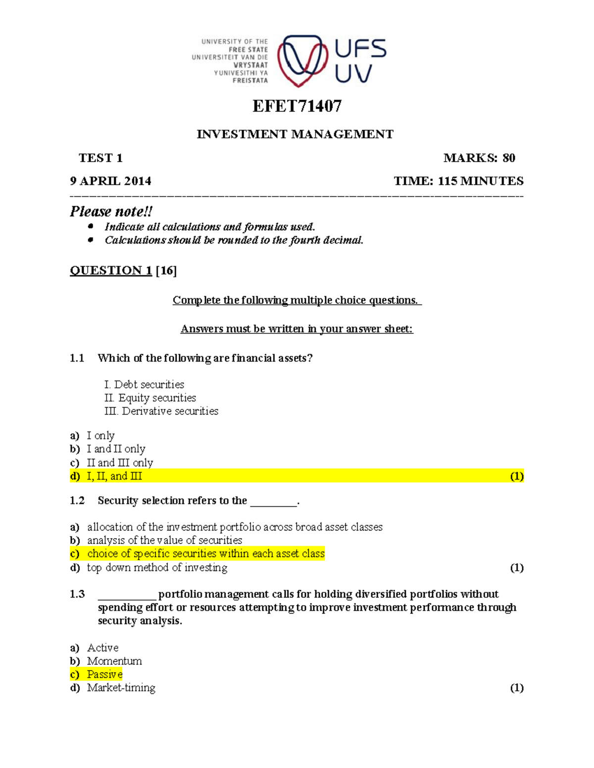 Test 1 2014 memo Test paper memo EFET INVESTMENT MANAGEMENT TEST 1