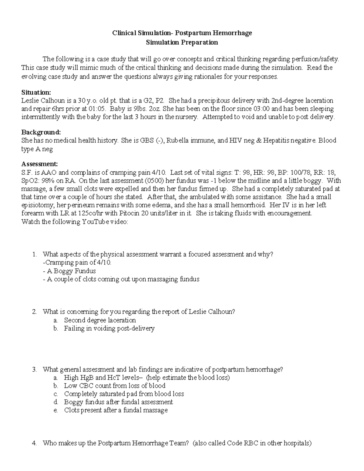 Sim Lab Prep PPH PDF - Sim lab - Clinical Simulation- Postpartum ...