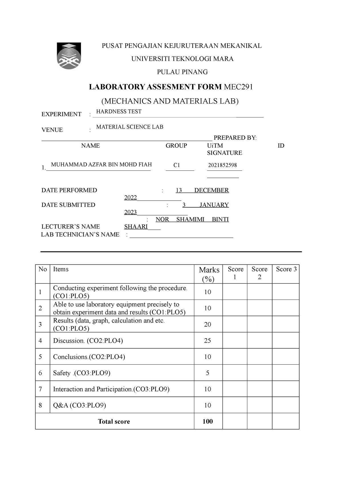 Lab Hardness MEC291 - PUSAT PENGAJIAN KEJURUTERAAN MEKANIKAL UNIVERSITI ...