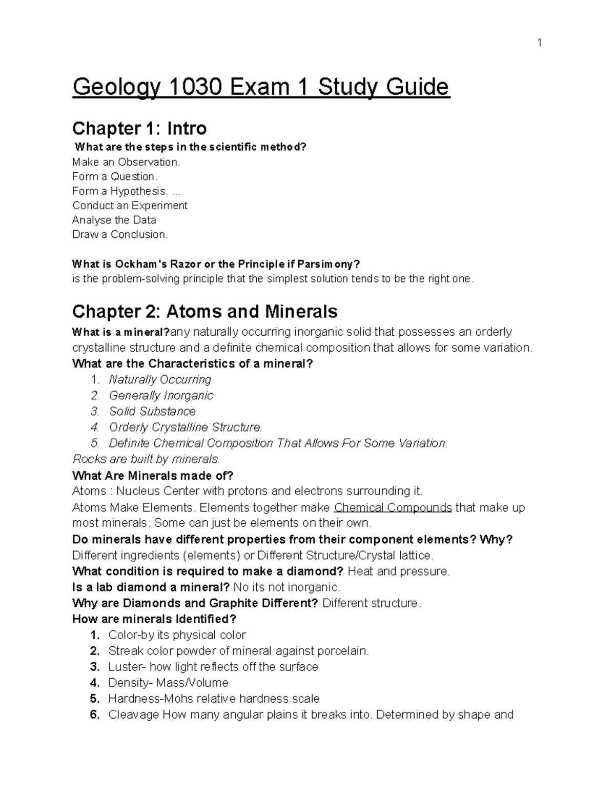 Geology Study Guide Test 1 1 Geology 1030 Exam 1 Study Guide Chapter