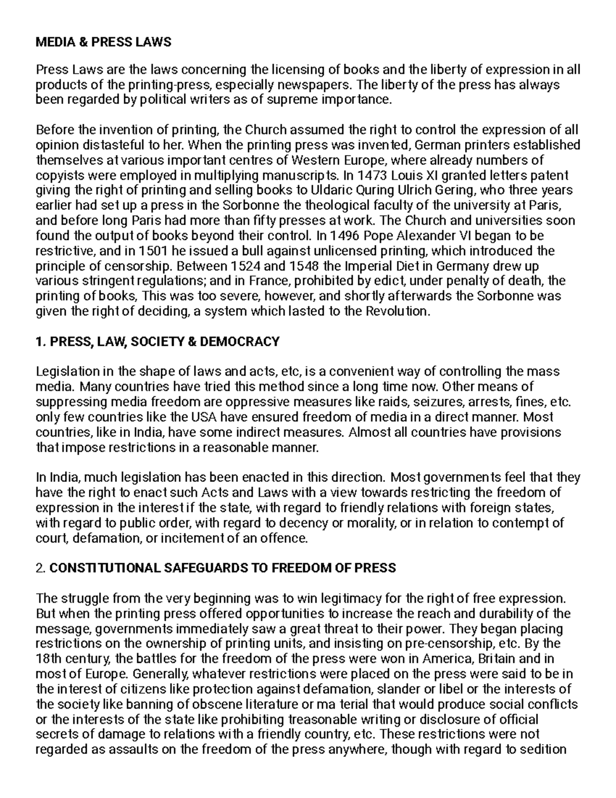 Media press and laws Lecture notes 4th semester MEDIA & PRESS LAWS