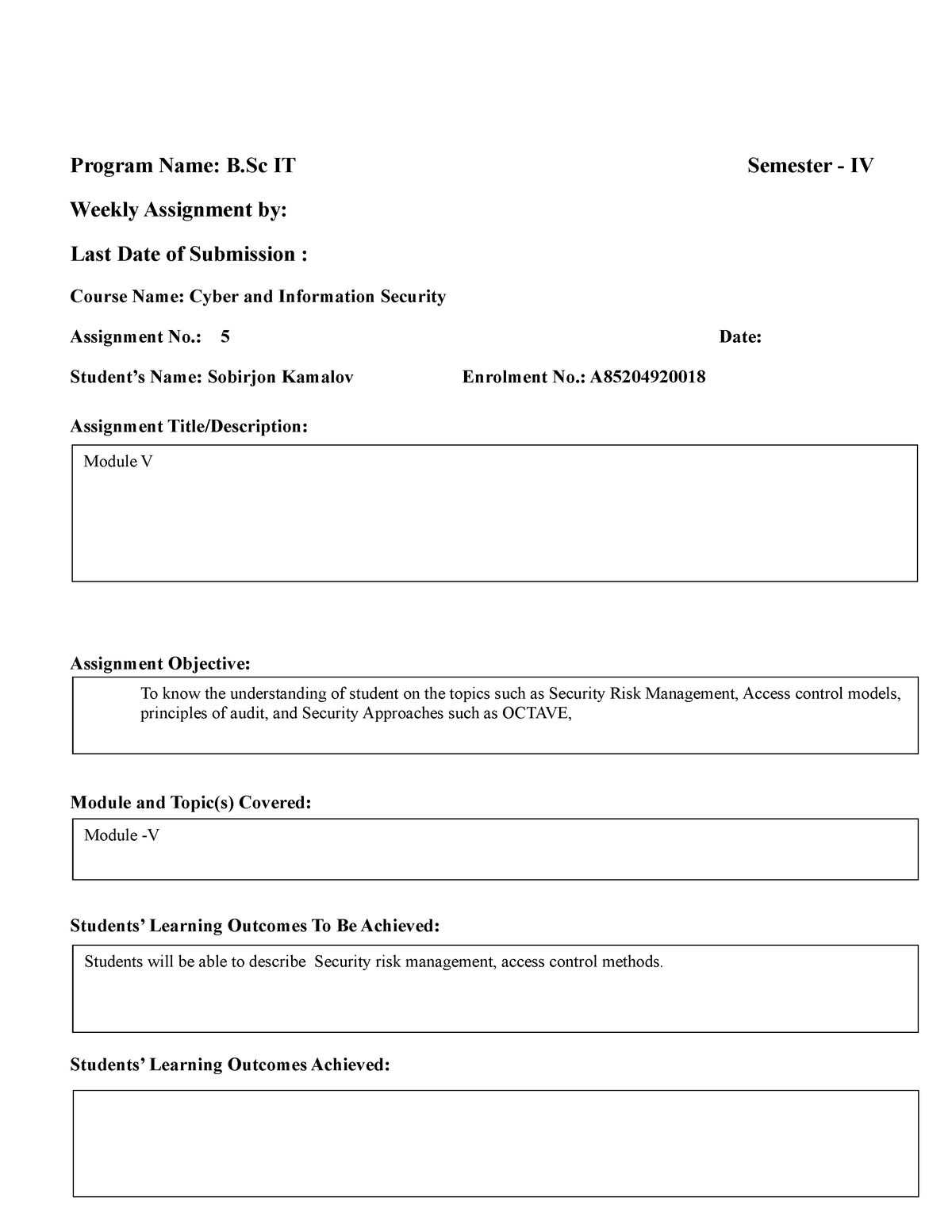 Cyber Security assignment V - Program Name: B IT Semester - IV Weekly ...