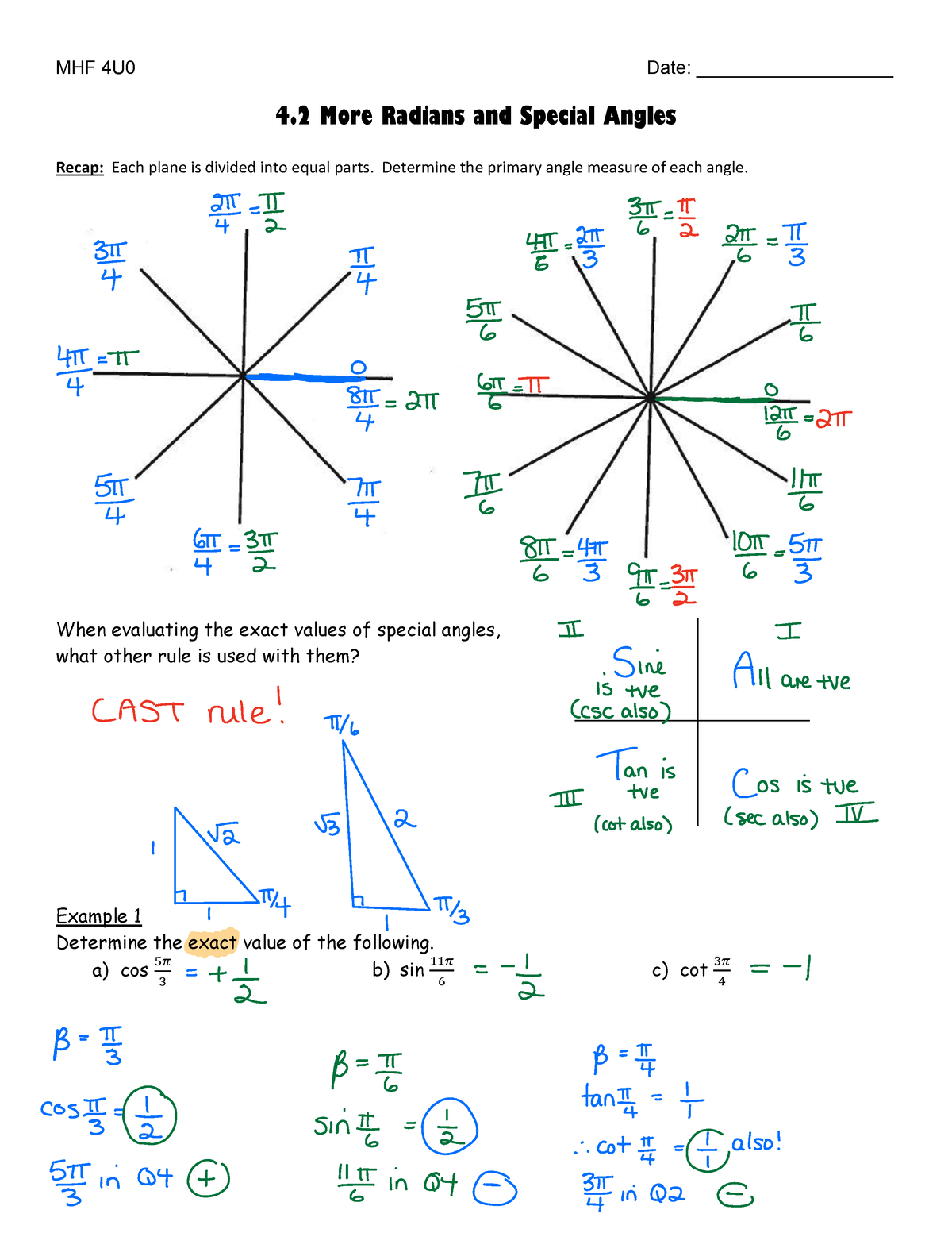 4.2 Special Angles Lesson 2022 Solutions - MHF 4U0 Date ...