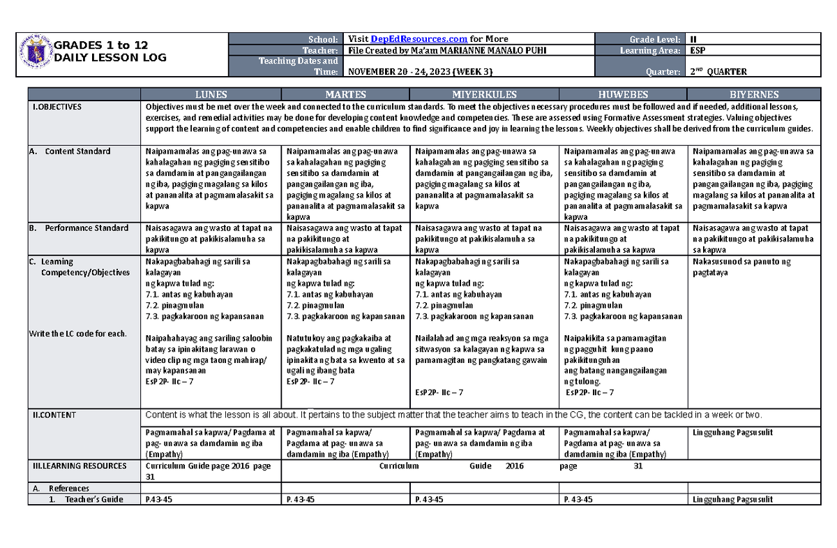 DLL ESP 2 Q2 W3 - thank you - GRADES 1 to 12 DAILY LESSON LOG School ...