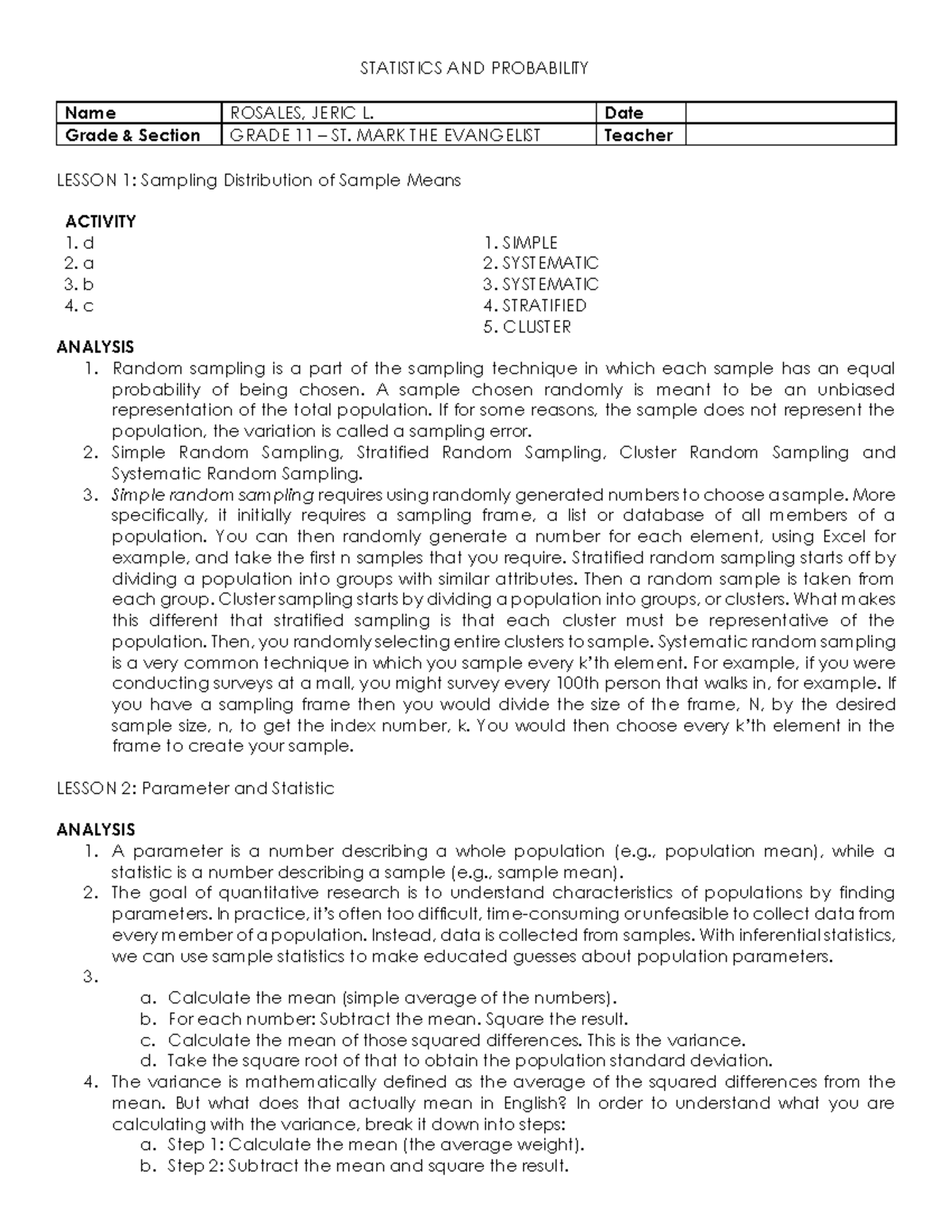 Statistics and Probability - Final Activity - STATISTICS AND ...