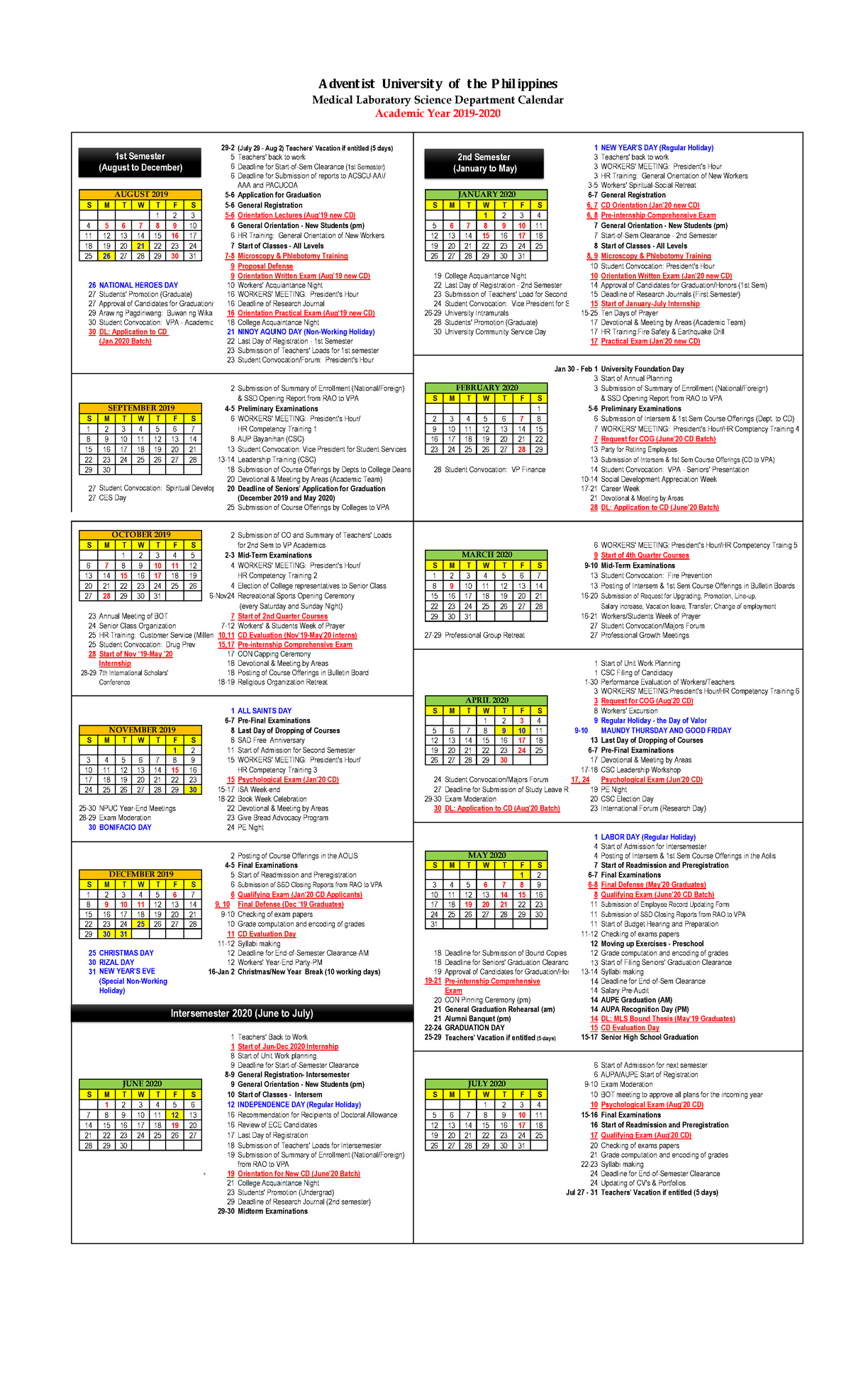 AUP MLS Academic Calendar 20192020 Medical Laboratory Science StuDocu