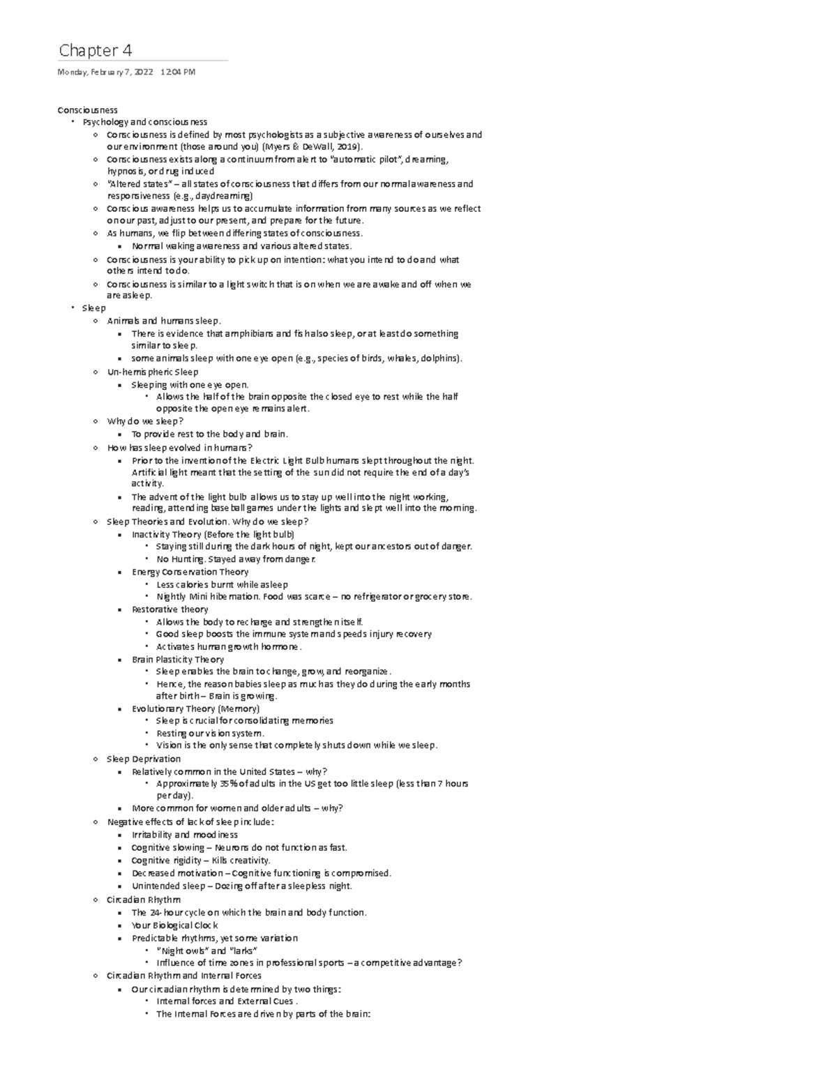 Chapter 4 - Chapter 4 Monday, February 7, 2022 12:04 PM Consciousness ...