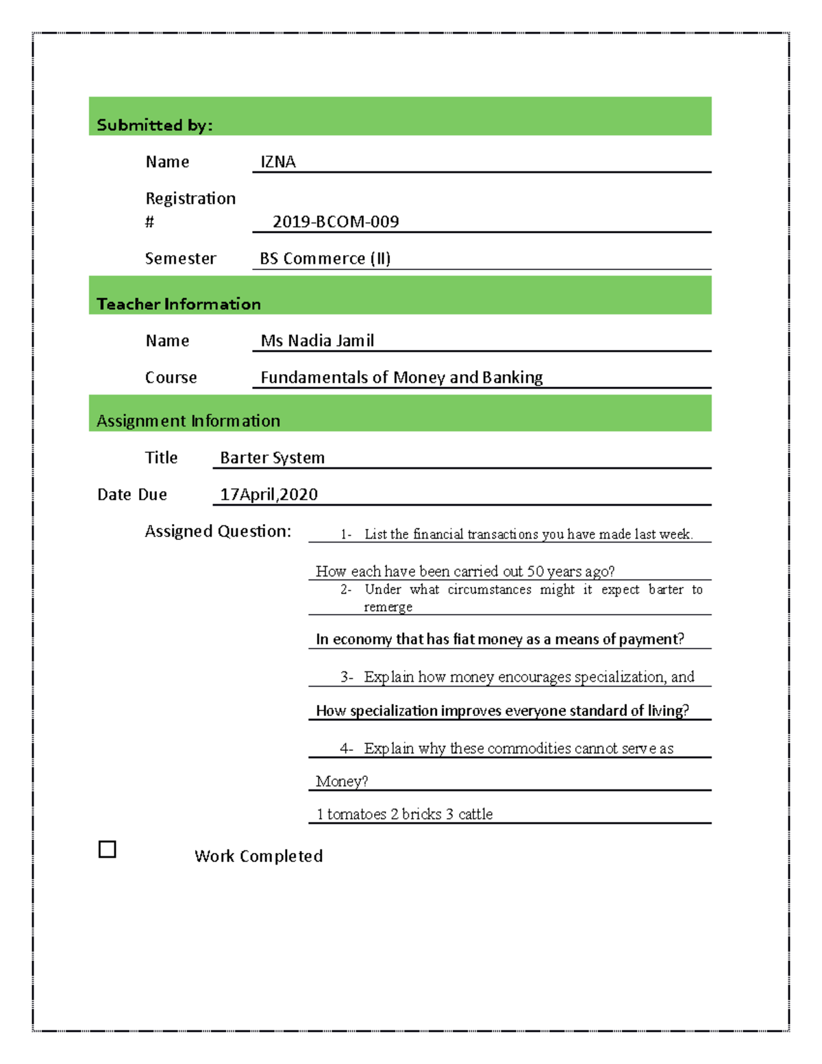 barter system and money - Submitted by: Name IZNA Registration 2019 ...