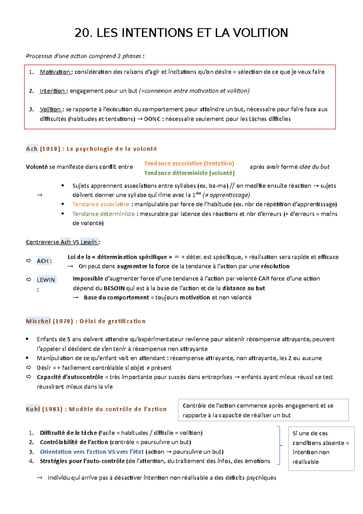 20. Intention et volition 20. LES INTENTIONS ET LA VOLITION Processus action comprend 3 phases