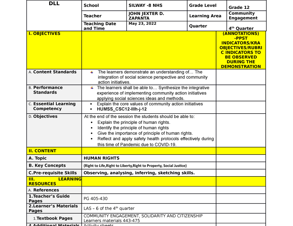 COT community engagemennt - DLL School SILWAY -8 NHS Grade Level Grade ...