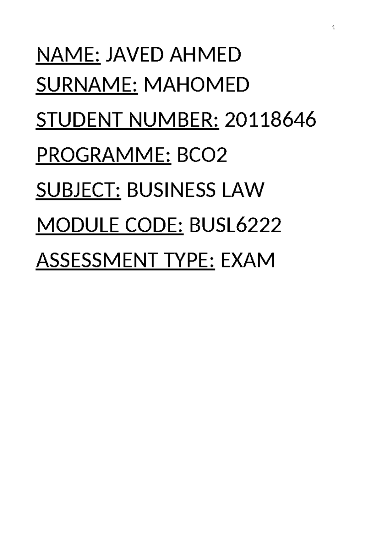Final Exam, BUSL6222, BC02, Varsity College, 2nd year 2022, online ...