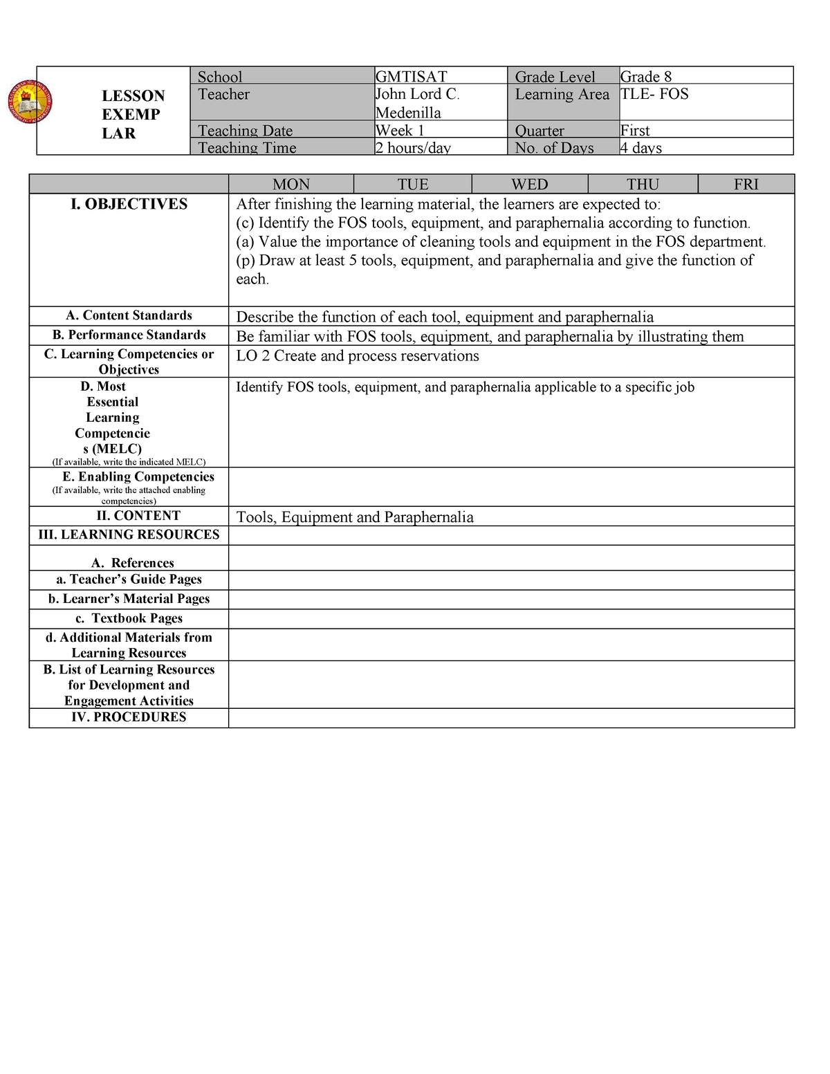 Pdfcoffee - lecture notes - LESSON EXEMP LAR School GMTISAT Grade Level ...