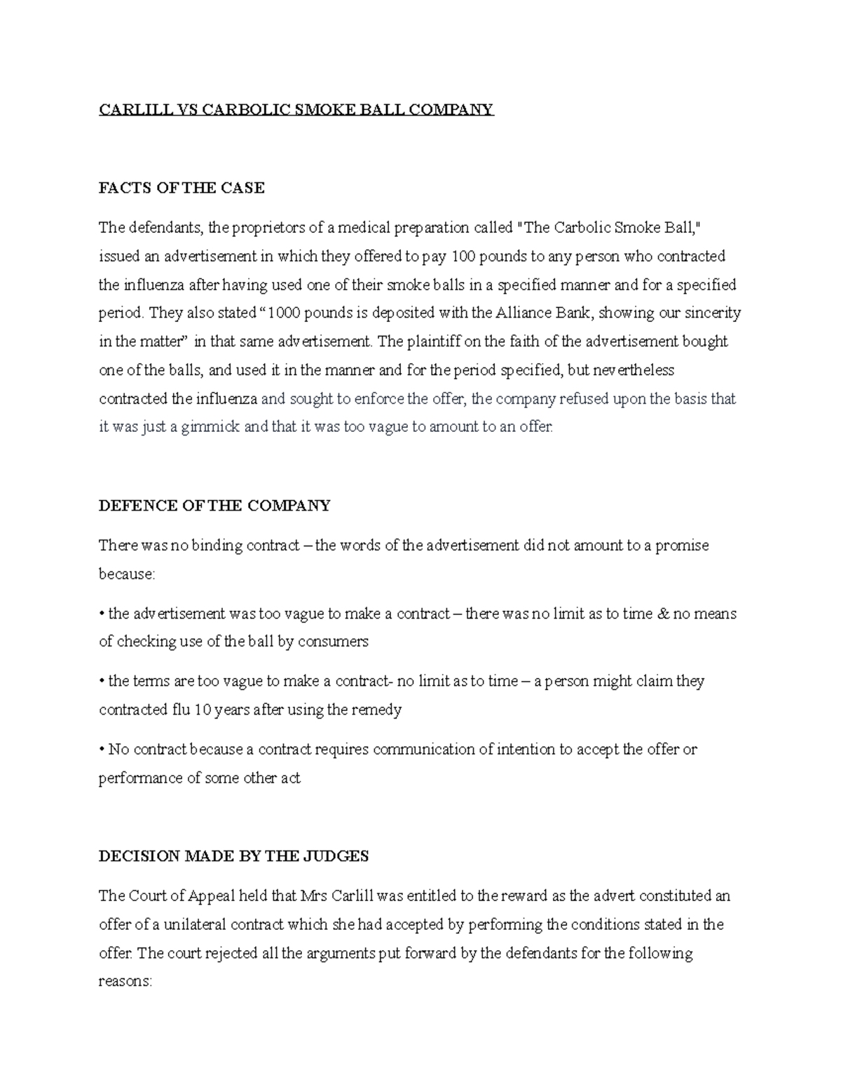 Law assignment - Cases - CARLILL VS CARBOLIC SMOKE BALL COMPANY FACTS ...
