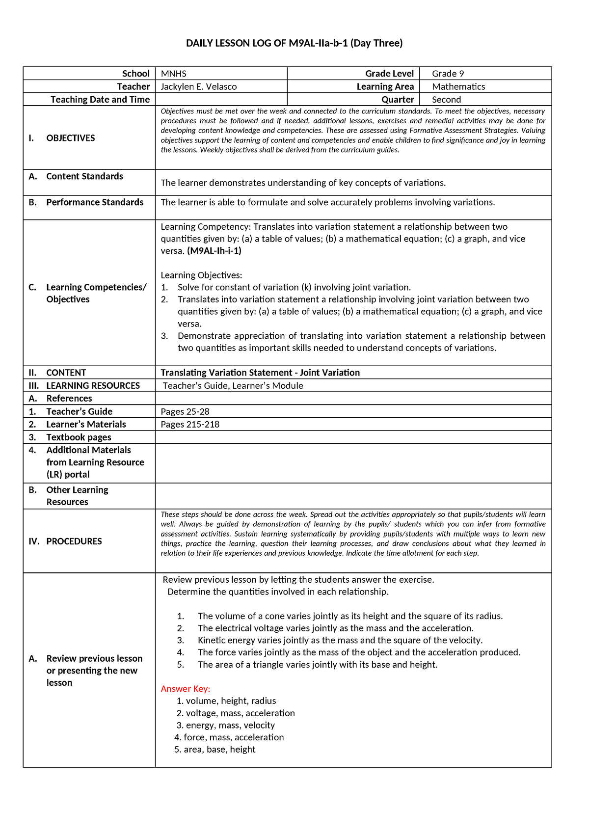 II-Day 5 - GRADE 9 MATH LESSON PLAN - DAILY LESSON LOG OF M9AL-IIa-b-1 ...