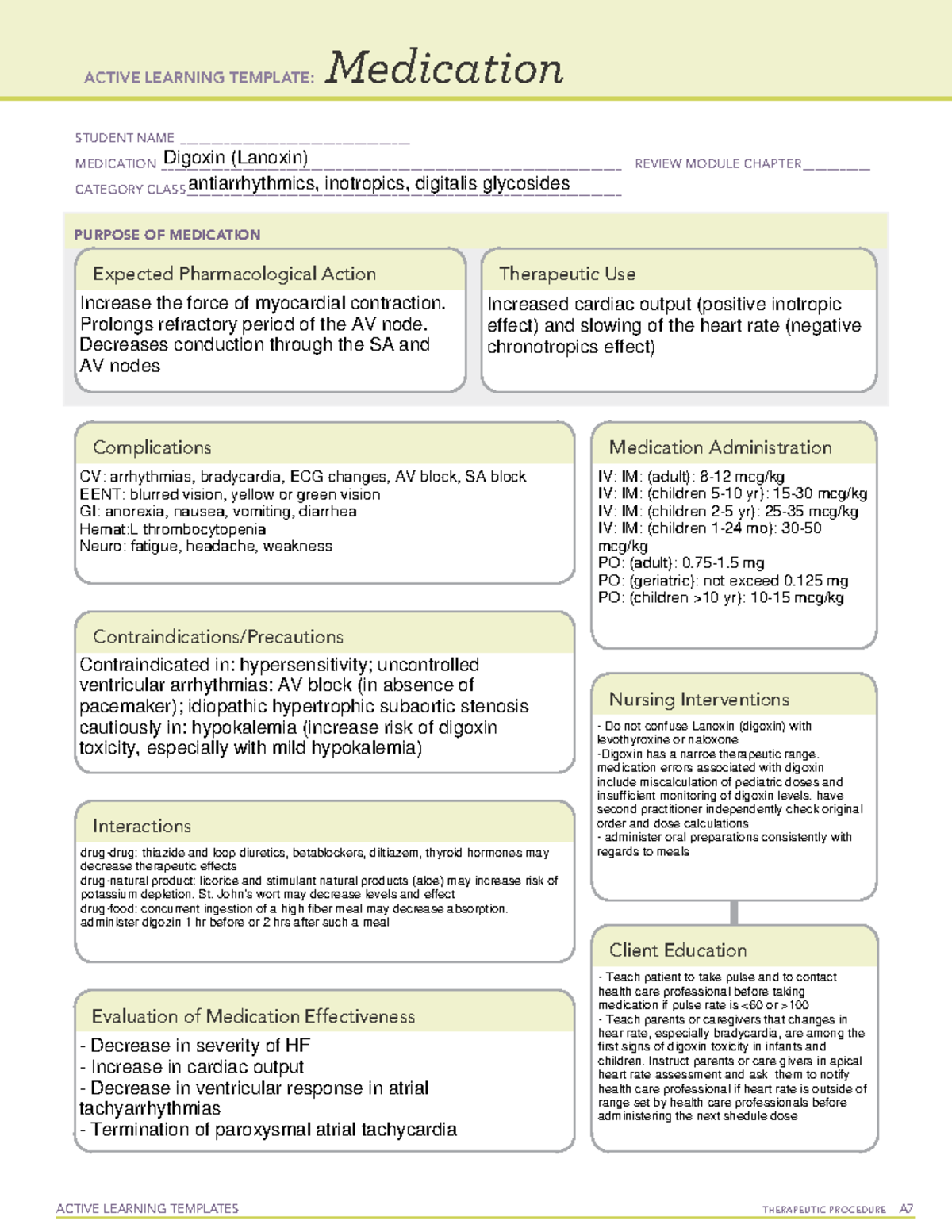 Digoxin (Lanoxin) - med sheet - NS-106 - Studocu