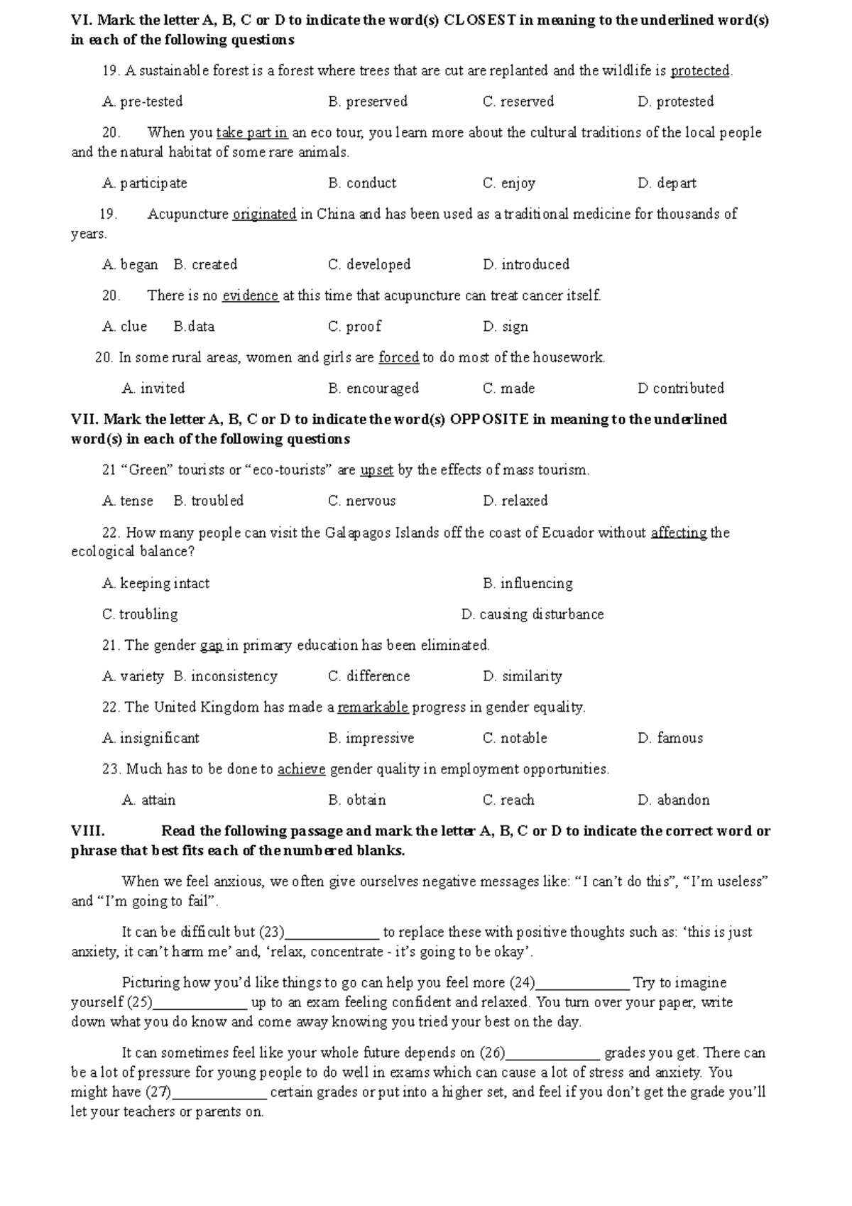 Tổng hợp bài đọc và đục lỗ - VI. Mark the letter A, B, C or D to ...