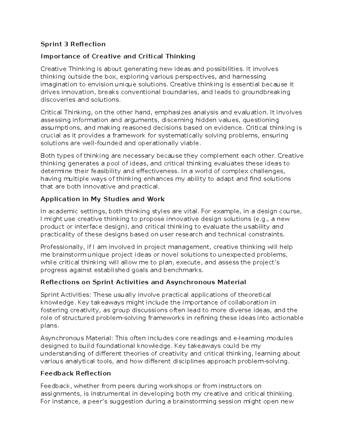 Sprint 3 Reflection - good - Sprint 3 Reflection Importance of Creative ...