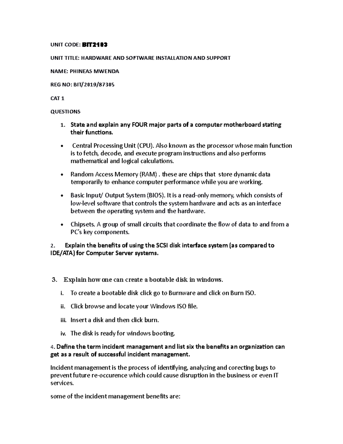 Hardware AND Software Installation AND Support CAT - UNIT CODE: BIT ...