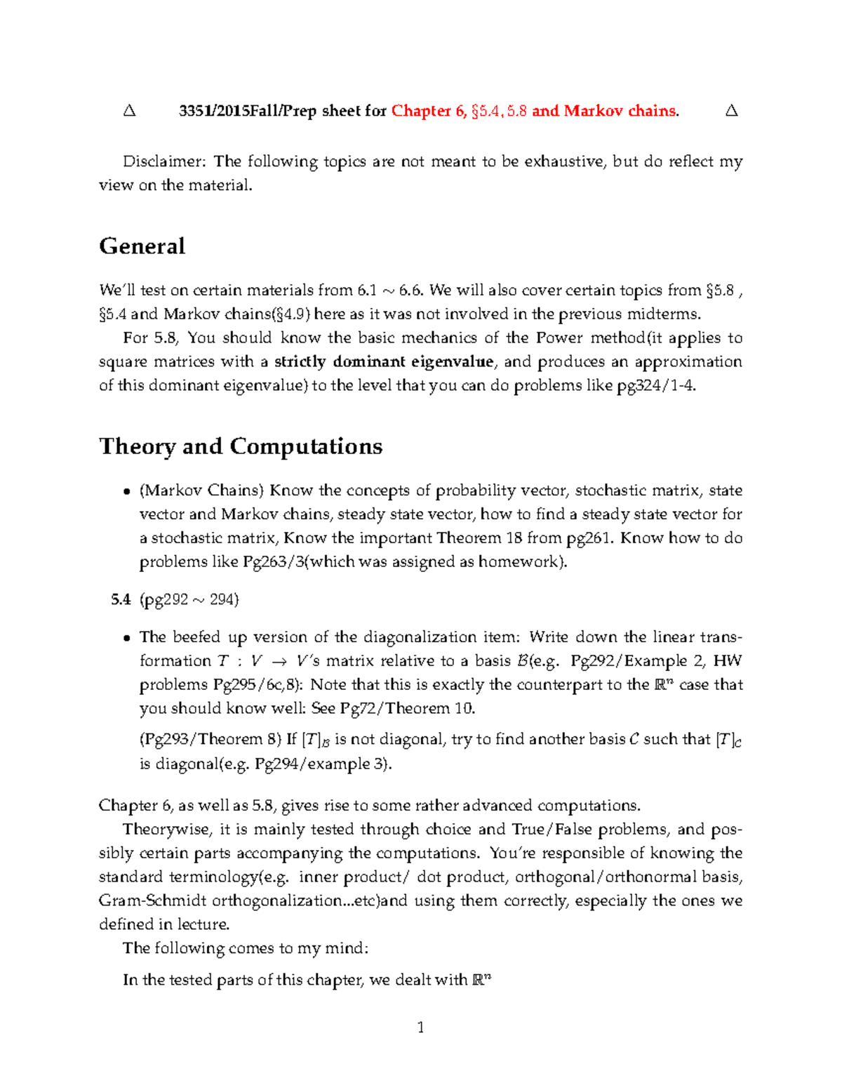 Course Summary 3 sheet for Chapter 6, 5 and Markov chains. Disclaimer