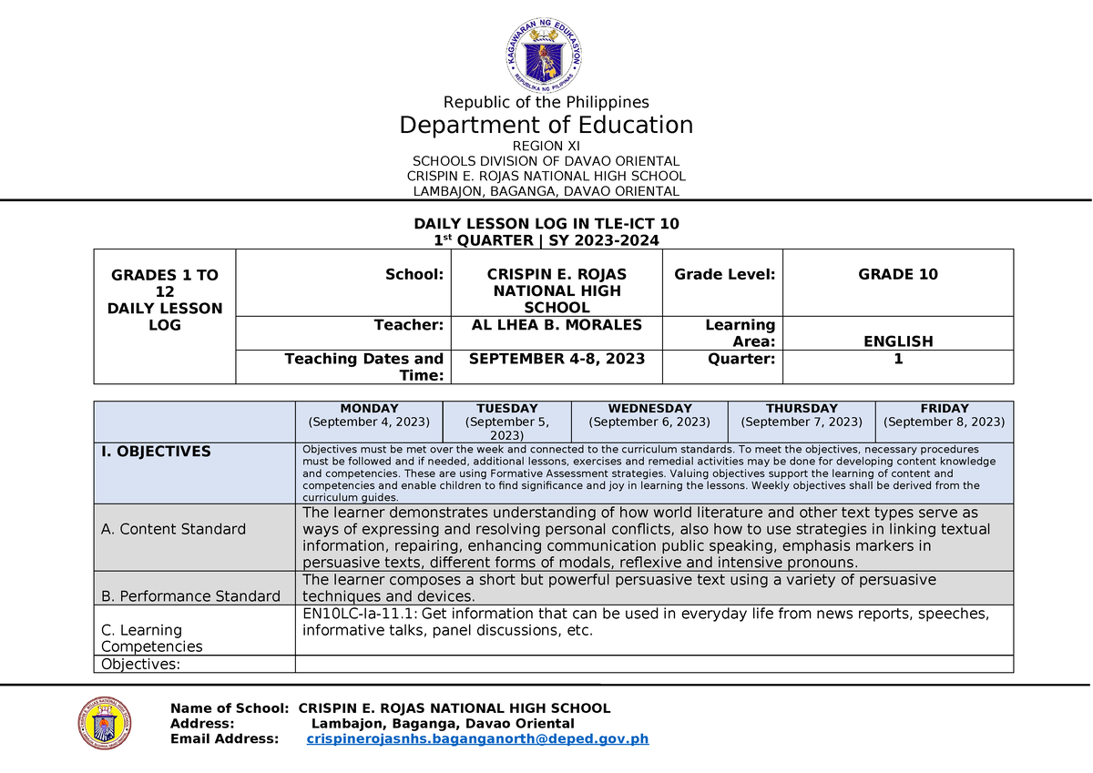 1st-quarter-english-dll- 2023-2024 - Department of Education REGION XI ...