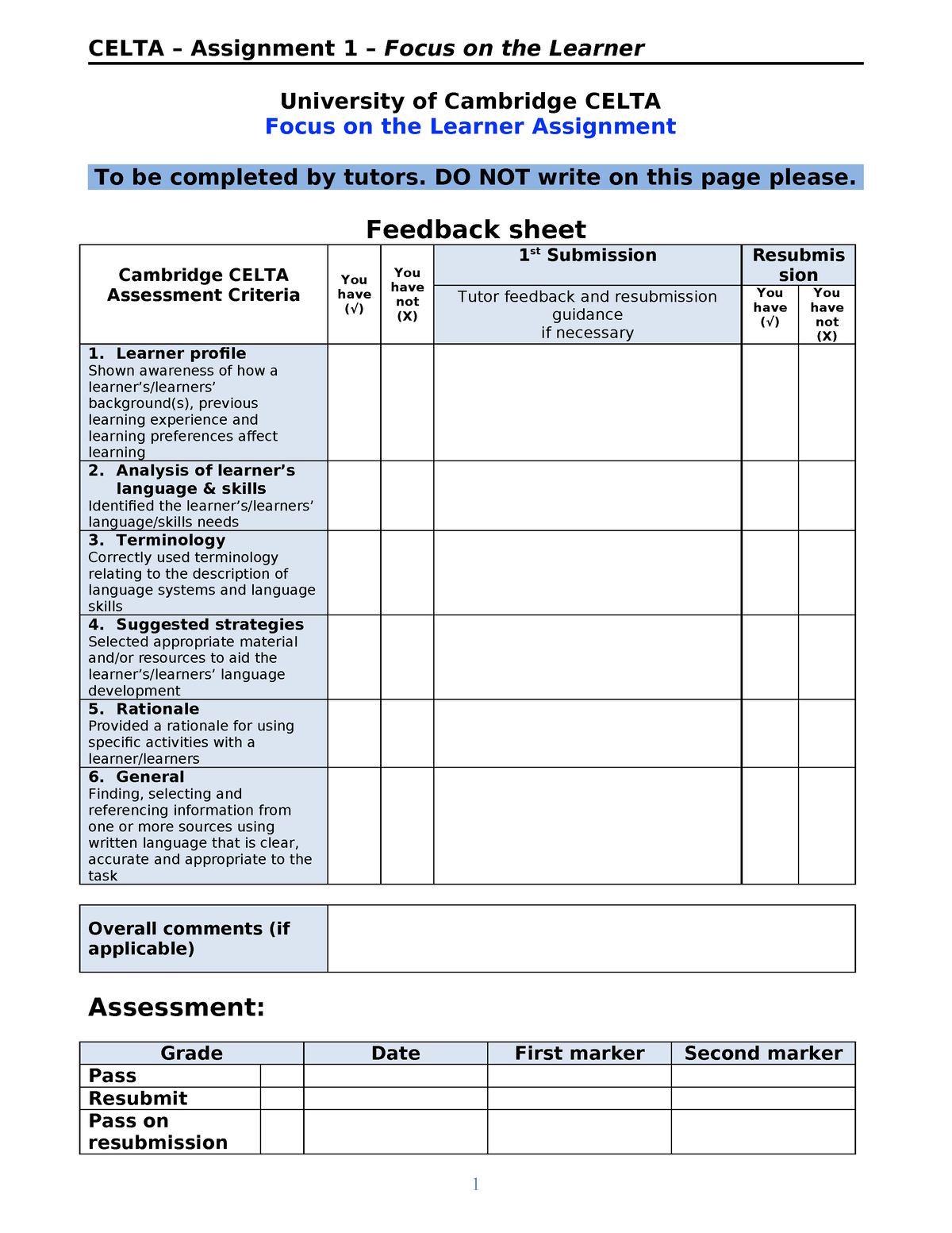 Assignment 1 FOL - To complete - University of Cambridge CELTA Focus on ...